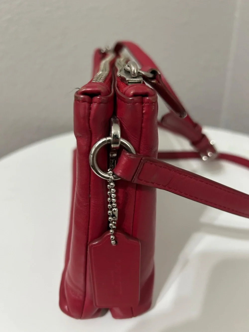 Coach Red Leather Double Compartment Crossbody Purse Silver Turn Lock Adjustable